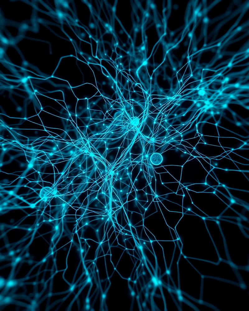 Visualización digital abstracta de rutas neuronales en cian y negro